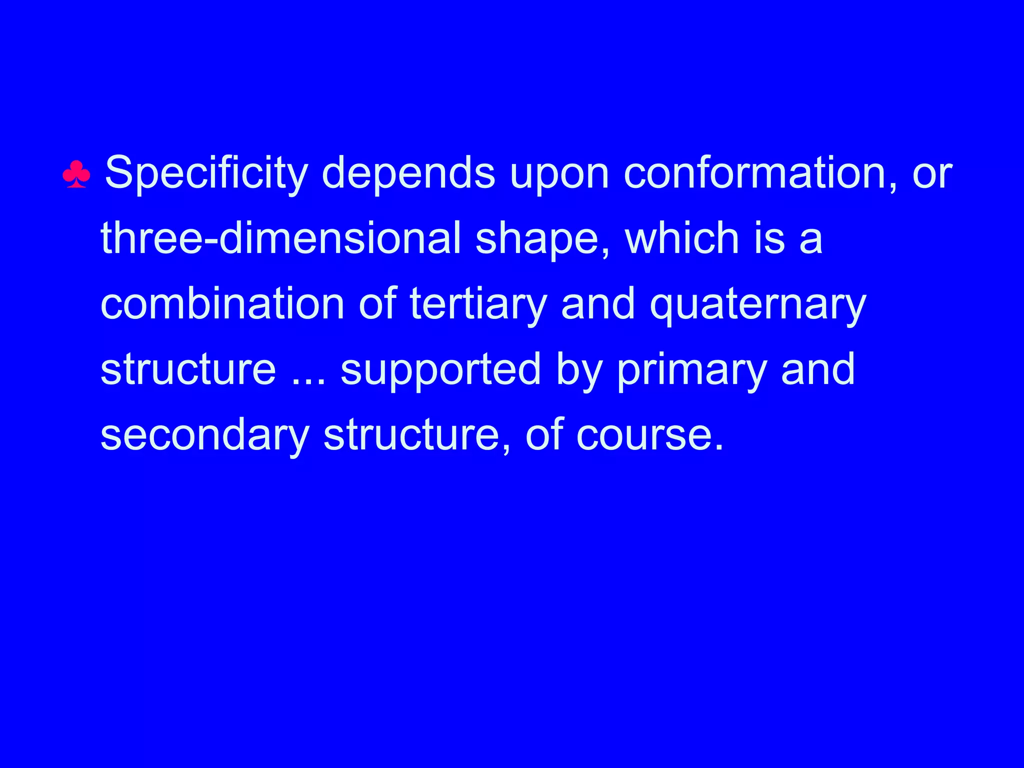 ♣ Specificity depends upon conformation, or
three-dimensional shape, which is a
combination of tertiary and quaternary
structure ... supported by primary and
secondary structure, of course.
 