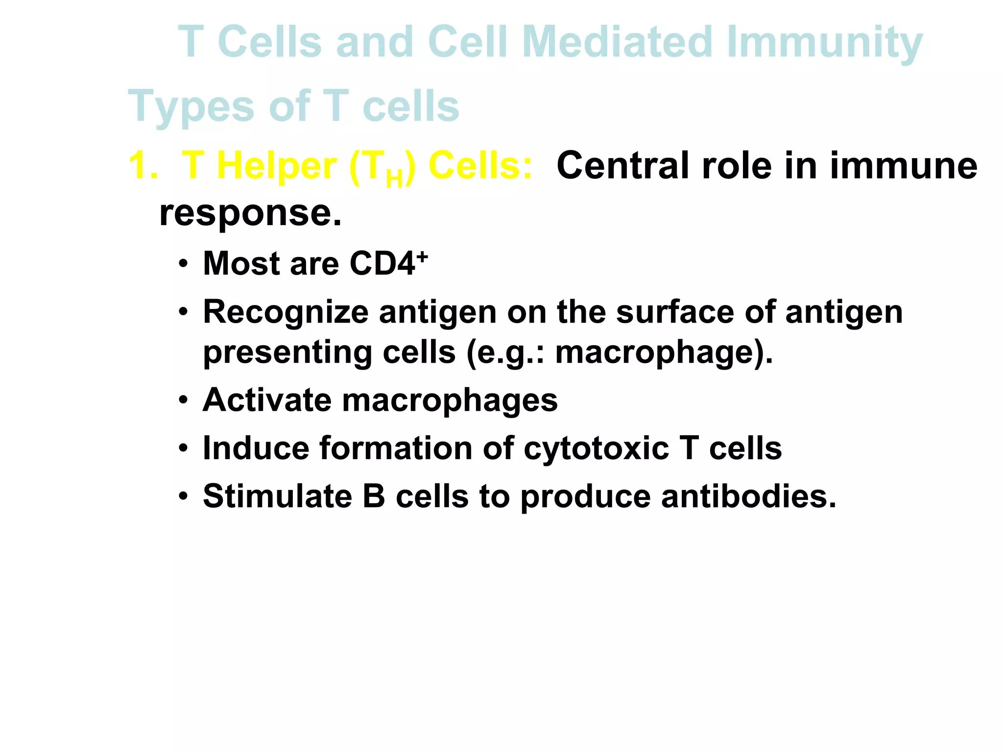 T Cells and Cell Mediated Immunity
Types of T cells
1. T Helper (TH) Cells: Central role in immune
response.
• Most are CD4+
• Recognize antigen on the surface of antigen
presenting cells (e.g.: macrophage).
• Activate macrophages
• Induce formation of cytotoxic T cells
• Stimulate B cells to produce antibodies.
 