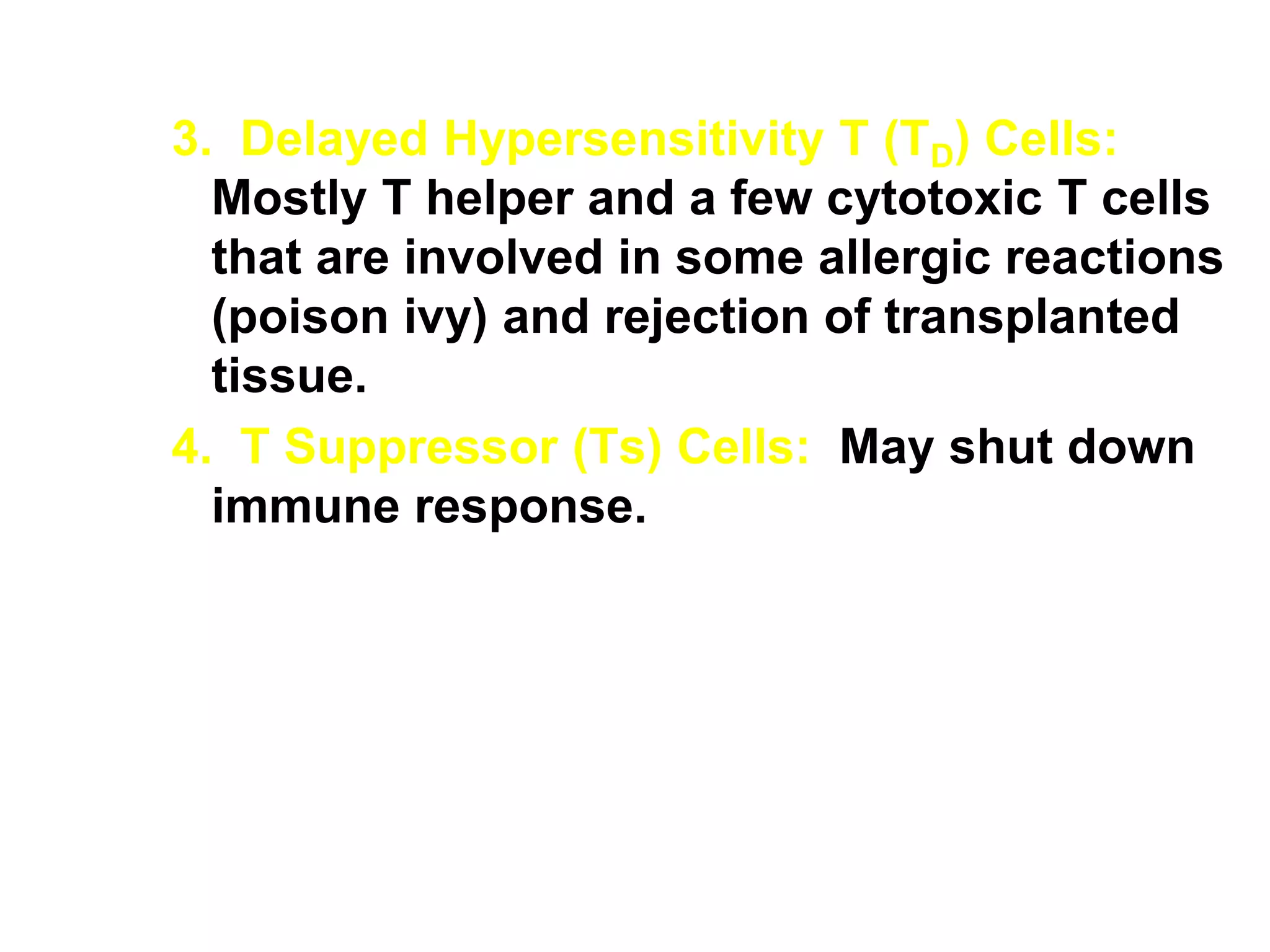 3. Delayed Hypersensitivity T (TD) Cells:
Mostly T helper and a few cytotoxic T cells
that are involved in some allergic reactions
(poison ivy) and rejection of transplanted
tissue.
4. T Suppressor (Ts) Cells: May shut down
immune response.
 