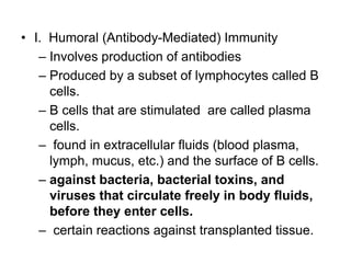 • I. Humoral (Antibody-Mediated) Immunity
– Involves production of antibodies
– Produced by a subset of lymphocytes called B
cells.
– B cells that are stimulated are called plasma
cells.
– found in extracellular fluids (blood plasma,
lymph, mucus, etc.) and the surface of B cells.
– against bacteria, bacterial toxins, and
viruses that circulate freely in body fluids,
before they enter cells.
– certain reactions against transplanted tissue.
 