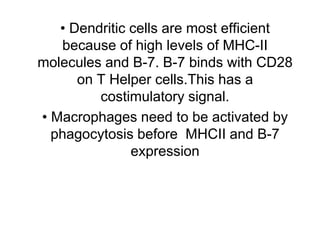 • Dendritic cells are most efficient
because of high levels of MHC-II
molecules and B-7. B-7 binds with CD28
on T Helper cells.This has a
costimulatory signal.
• Macrophages need to be activated by
phagocytosis before MHCII and B-7
expression
 
