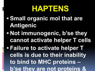 HAPTENS
 Small organic mol that are
  Antigenic
 Not immunogenic, b’se they
  cannot activate helper T cells
 Failure to activate helper T
  cells is due to their inability
  to bind to MHC proteins –
  b’se they are not proteins &
 