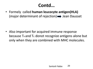 Santosh Yadav
Contd…
• Formely called human leucocyte antigen(HLA)
(major determinant of rejection) Jean Dausset
• Also important for acquired immune response
because TH and Tc donot recognize antigens alone but
only when they are combined with MHC molecules.
29
 