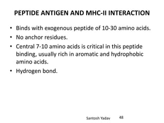 Santosh Yadav
PEPTIDE ANTIGEN AND MHC-II INTERACTION
• Binds with exogenous peptide of 10-30 amino acids.
• No anchor residues.
• Central 7-10 amino acids is critical in this peptide
binding, usually rich in aromatic and hydrophobic
amino acids.
• Hydrogen bond.
48
 
