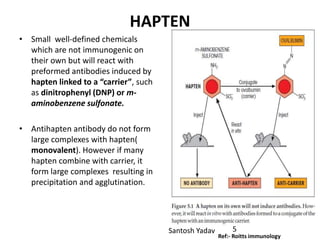 Santosh Yadav
HAPTEN
• Small well-defined chemicals
which are not immunogenic on
their own but will react with
preformed antibodies induced by
hapten linked to a “carrier”, such
as dinitrophenyl (DNP) or m-
aminobenzene sulfonate.
• Antihapten antibody do not form
large complexes with hapten(
monovalent). However if many
hapten combine with carrier, it
form large complexes resulting in
precipitation and agglutination.
Ref:- Roitts immunology
5
 