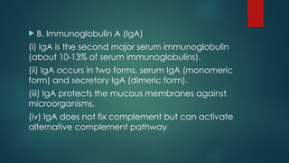  B. Immunoglobulin A (IgA)
(i) IgA is the second major serum immunoglobulin
(about 10-13% of serum immunoglobulins).
(ii) IgA occurs in two forms, serum IgA (monomeric
form) and secretory IgA (dimeric form).
(iii) IgA protects the mucous membranes against
microorganisms.
(iv) IgA does not fix complement but can activate
alternative complement pathway
 