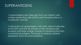 SUPERANTIGENS
• Superantigens are molecules that can interact with
antigen-presenting cells (APCs) and T-lymphocytes in a
nonspecific manner.
• Interaction of superantigens with MHC class II molecules
of the APC and the Vβ domain of the T-lymphocytes
receptor activates a large number of T-lymphocytes than
conventional antigens. This leads to massive cytokine
expression and immunomodulation
 