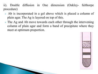 ii). Double diffusion in One dimension (Oakley- fulthorpe
procedure)
 Ab is incorporated in a gel above which is placed a column of
plain agar. The Ag is layered on top of this.
 The Ag and Ab move towards each other through the intervening
column of plain agar and form a band of precipitate where they
meet at optimum proportion.
 