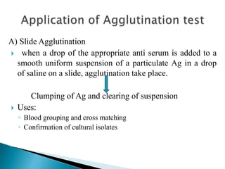 A) Slide Agglutination
 when a drop of the appropriate anti serum is added to a
smooth uniform suspension of a particulate Ag in a drop
of saline on a slide, agglutination take place.
Clumping of Ag and clearing of suspension
 Uses:
◦ Blood grouping and cross matching
◦ Confirmation of cultural isolates
 
