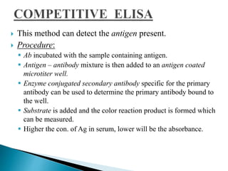  This method can detect the antigen present.
 Procedure:
 Ab incubated with the sample containing antigen.
 Antigen – antibody mixture is then added to an antigen coated
microtiter well.
 Enzyme conjugated secondary antibody specific for the primary
antibody can be used to determine the primary antibody bound to
the well.
 Substrate is added and the color reaction product is formed which
can be measured.
 Higher the con. of Ag in serum, lower will be the absorbance.
 