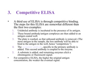 3. Competitive ELISA
• A third use of ELISA is through competitive binding.
The steps for this ELISA are somewhat different than
the first two examples:
1. Unlabeled antibody is incubated in the presence of its antigen.
2. These bound antibody/antigen complexes are then added to an
antigen coated well.
3. The plate is washed, so that unbound antibody is removed. (The
more antigen in the sample, the less antibody will be able to
bind to the antigen in the well, hence "competition.")
4. The secondary antibody, specific to the primary antibody is
added. This second antibody is coupled to the enzyme.
5. A substrate is added, and remaining enzymes elicit a
chromogenic or fluorescent signal.
• For competitive ELISA, the higher the original antigen
concentration, the weaker the eventual signal.
 