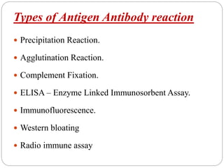 Types of Antigen Antibody reaction
 Precipitation Reaction.
 Agglutination Reaction.
 Complement Fixation.
 ELISA – Enzyme Linked Immunosorbent Assay.
 Immunofluorescence.
 Western bloating
 Radio immune assay
 