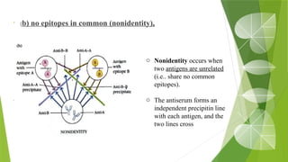 • (b) no epitopes in common (nonidentity),
o Nonidentity occurs when
two antigens are unrelated
(i.e.. share no common
epitopes).
o The antiserum forms an
independent precipitin line
with each antigen, and the
two lines cross
 