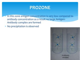  In this zone antigen concentration is very low compared to
antibody concentration as a result no large Antigen-
Antibody complex are formed
 No precipitation is observed
PROZONE
 