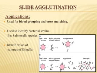 SLIDE AGGLUTINATION
Applications:
 Used for blood grouping and cross matching.
 Used to identify bacterial strains.
Eg: Salmonella species
 Identification of
cultures of Shigella.
 
