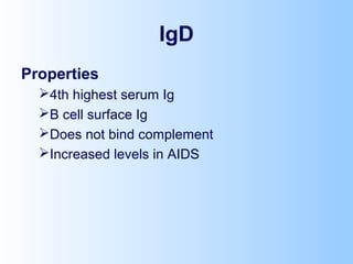 IgD
Properties
4th highest serum Ig
B cell surface Ig
Does not bind complement
Increased levels in AIDS
 