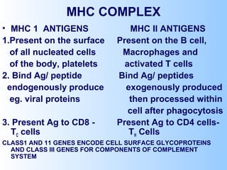 MHC COMPLEX
• MHC 1 ANTIGENS MHC II ANTIGENS
1.Present on the surface Present on the B cell,
of all nucleated cells Macrophages and
of the body, platelets activated T cells
2. Bind Ag/ peptide Bind Ag/ peptides
endogenously produce exogenously produced
eg. viral proteins then processed within
cell after phagocytosis
3. Present Ag to CD8 - Present Ag to CD4 cells-
TC cells TH Cells
CLASS1 AND 11 GENES ENCODE CELL SURFACE GLYCOPROTEINS
AND CLASS III GENES FOR COMPONENTS OF COMPLEMENT
SYSTEM
 