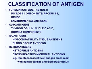 CLASSIFICATION OF ANTIGEN
• FOREIGN (OUTSIDE THE HOST)
MICROBE COMPONENTS/ PRODUCTS,
DRUGS
ENVIRONMENTAL ANTIGENS
• AUTOANTIGENS
THYROGLOBULIN, NUCLEIC ACID,
CORNEA COMPONENTS
• ISOANTIGENS
HISTCOMPATIBILITY TISSUE ANTIGENS
BLOOD GROUP ANTIGENS
• HETROANTIGENS
HETROPHILE ANTIGENS
CROSS REACTING MICROBIAL ANTIGENS
eg. Streptococcal cell wall antigen cross react
with human cardiac and glomerular tissue
 