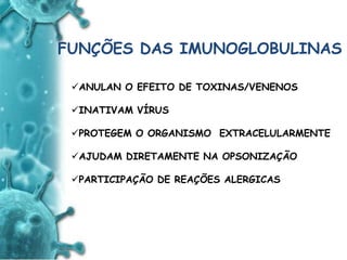 ANTIGENO
e
ANTICORPO
FUNÇÕES DAS IMUNOGLOBULINAS
ANULAN O EFEITO DE TOXINAS/VENENOS
INATIVAM VÍRUS
PROTEGEM O ORGANISMO EXTRACELULARMENTE
AJUDAM DIRETAMENTE NA OPSONIZAÇÃO
PARTICIPAÇÃO DE REAÇÕES ALERGICAS
 