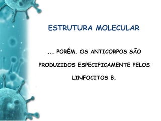 ANTIGENO
e
ANTICORPO
ESTRUTURA MOLECULAR
... PORÉM, OS ANTICORPOS SÃO
PRODUZIDOS ESPECIFICAMENTE PELOS
LINFOCITOS B.
 