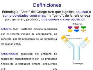 Definiciones
Etimología: “Antí” del Griego αντι que significa opuesto o
con propiedades contrarias; ' y "geno", de la raíz griega
γεν, generar, producir; que genera o crea oposición
Antígeno (Ag): Sustancia extraña reconocida
por el sistema inmune de unorganismo, en
concreto, por los receptores de los linfocitos a
los que se unen.
Antigenicidad: capacidad del antígeno de
reaccionar específicamente con los productos
finales de la respuesta inmune: anticuerpos
y/o TCR.
 