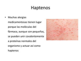 Haptenos
• Muchas alergias
medicamentosas tienen lugar
porque las moléculas del
fármaco, aunque son pequeñas,
se pueden unir covalentemente
a proteínas normales del
organismo y actuar así como
haptenos
 
