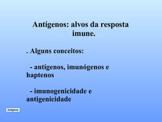 Antígenos: alvos da resposta  imune. . Alguns conceitos: - antígenos, imunógenos e haptenos - imunogenicidade e antigenicidade Antígenos 