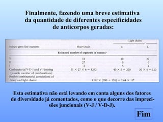 Finalmente, fazendo uma breve estimativa  da quantidade de diferentes especificidades de anticorpos geradas: Esta estimativa não está levando em conta alguns dos fatores de diversidade já comentados, como o que decorre das impreci- sões juncionais (V-J / V-D-J).  Fim 