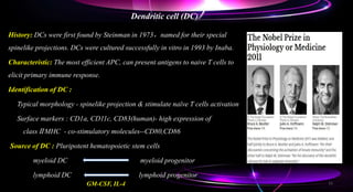 Dendritic cell (DC)
History: DCs were first found by Steinman in 1973，named for their special
spinelike projections. DCs were cultured successfully in vitro in 1993 by Inaba.
Characteristic: The most efficient APC, can present antigens to naive T cells to
elicit primary immune response.
Identification of DC :
Typical morphology - spinelike projection & stimulate naïve T cells activation
Surface markers : CD1a, CD11c, CD83(human)- high expression of
classⅡMHC - co-stimulatory molecules--CD80,CD86
Source of DC : Pluripotent hematopoietic stem cells
myeloid DC myeloid progenitor
lymphoid DC lymphoid progenitor
GM-CSF, IL-4 11
 