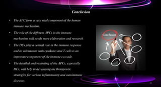 Conclusion
• The APC form a very vital component of the human
immune mechanism.
• The role of the different APCs in the immune
mechanism still needs more elaboration and research.
• The DCs play a central role in the immune response
and its interaction with cytokines and T cells is an
important component of the immune cascade.
• The detailed understanding of the APCs, especially
DCs, will help in developing the therapeutic
strategies for various inflammatory and autoimmune
diseases.
Conclusion
60
 