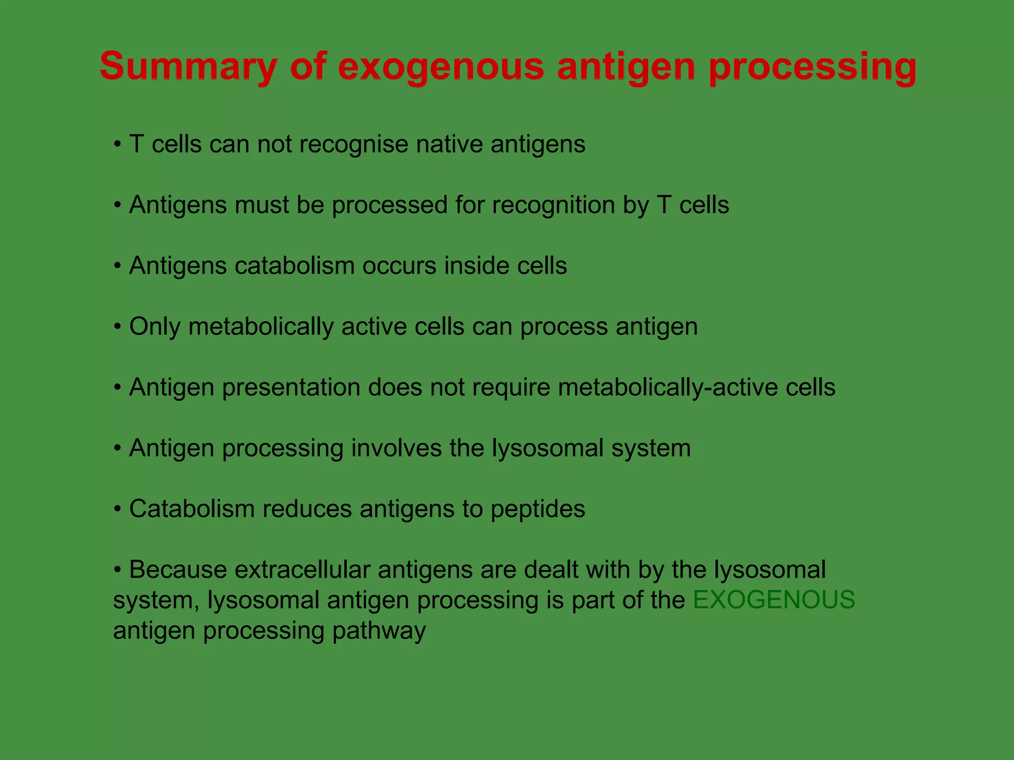 Summary of exogenous antigen processing •  T cells can not recognise native antigens •  Antigens must be processed for recognition by T cells   •  Antigens catabolism occurs inside cells •  Only metabolically active cells can process antigen •  Antigen presentation does not require metabolically-active cells •  Antigen processing involves the lysosomal system •  Catabolism reduces antigens to peptides •  Because extracellular antigens are dealt with by the lysosomal  system, lysosomal antigen processing is part of the  EXOGENOUS   antigen processing pathway 