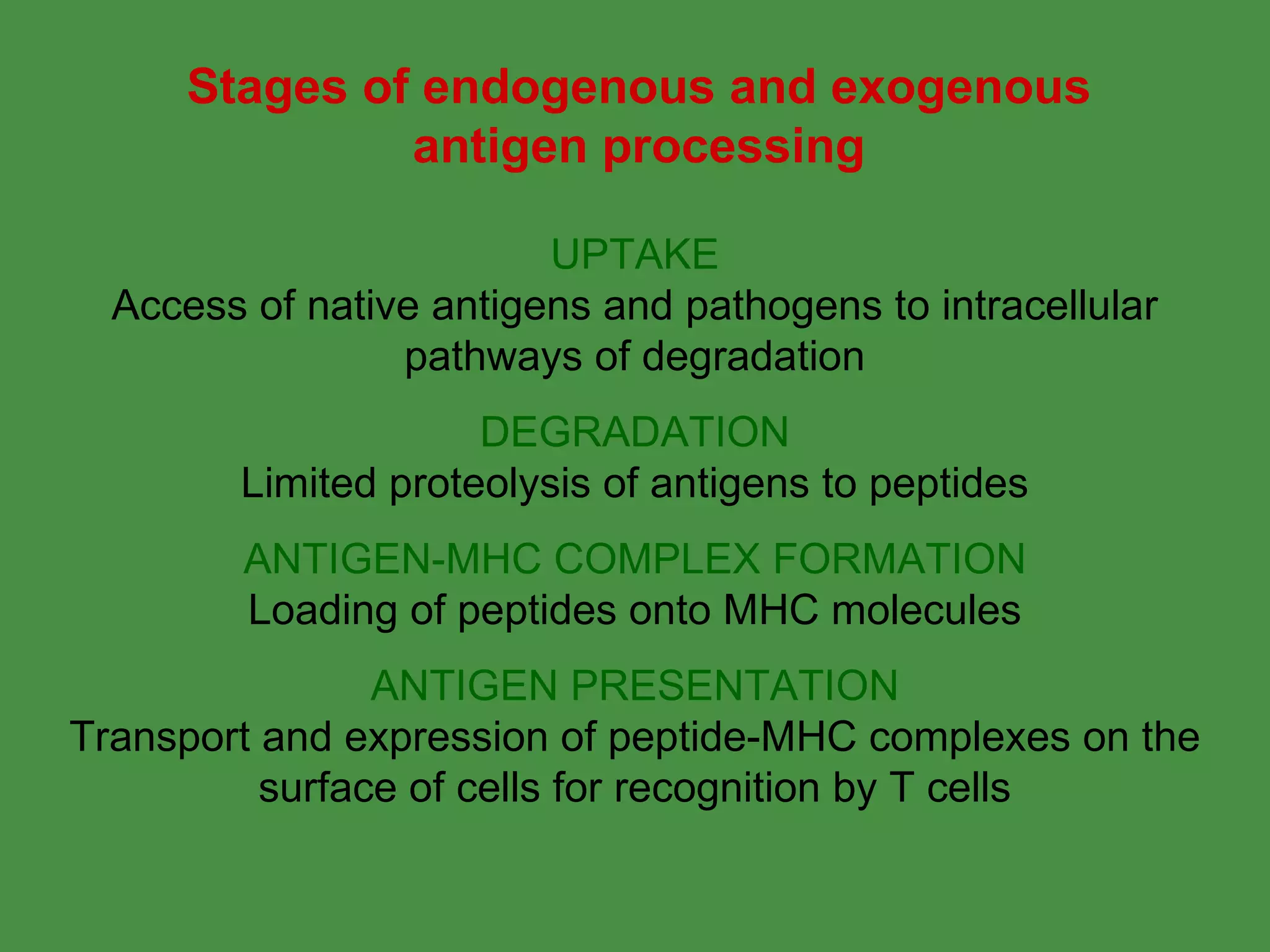 Stages of endogenous and exogenous antigen processing UPTAKE Access of native antigens and pathogens to intracellular pathways of degradation DEGRADATION Limited proteolysis of antigens to peptides ANTIGEN-MHC COMPLEX FORMATION Loading of peptides onto MHC molecules ANTIGEN PRESENTATION Transport and expression of peptide-MHC complexes on the surface of cells for recognition by T cells 