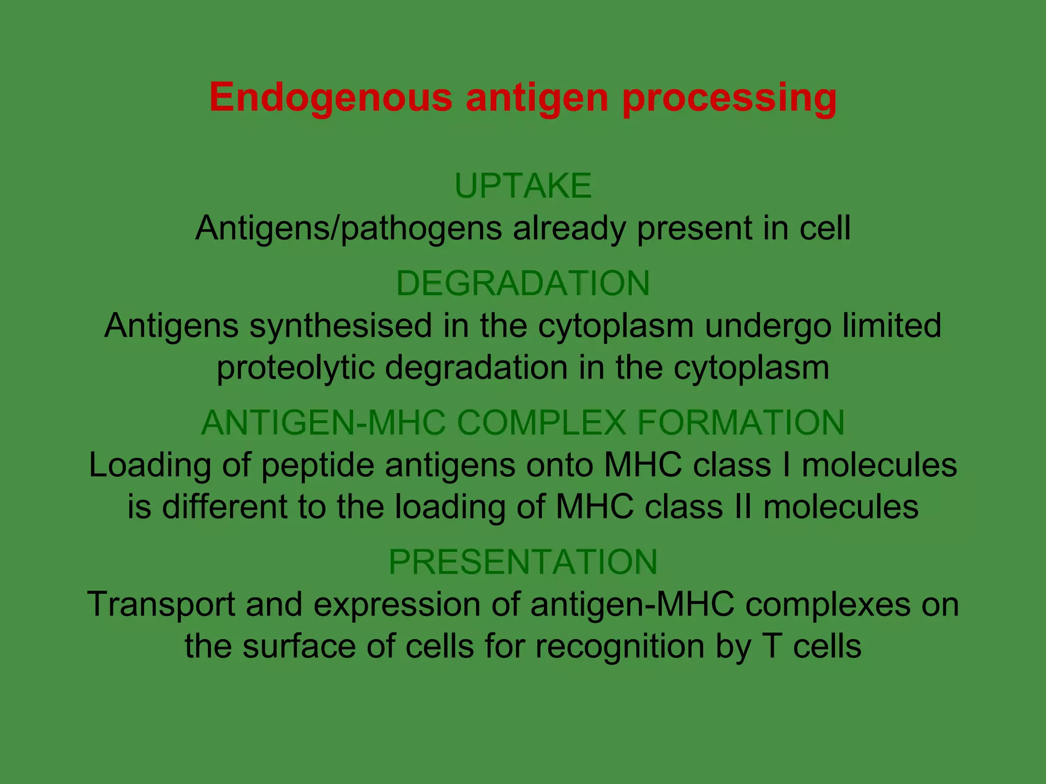 UPTAKE Antigens/pathogens already present in cell DEGRADATION Antigens synthesised in the cytoplasm undergo limited proteolytic degradation in the cytoplasm ANTIGEN-MHC COMPLEX FORMATION Loading of peptide antigens onto MHC class I molecules is different to the loading of MHC class II molecules PRESENTATION Transport and expression of antigen-MHC complexes on the surface of cells for recognition by T cells Endogenous antigen processing 