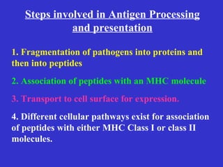 Steps involved in Antigen Processing and presentation 1. Fragmentation of pathogens into proteins and then into peptides 2. Association of peptides with an MHC molecule 3. Transport to cell surface for expression. 4. Different cellular pathways exist for association of peptides with either MHC Class I or class II molecules. 