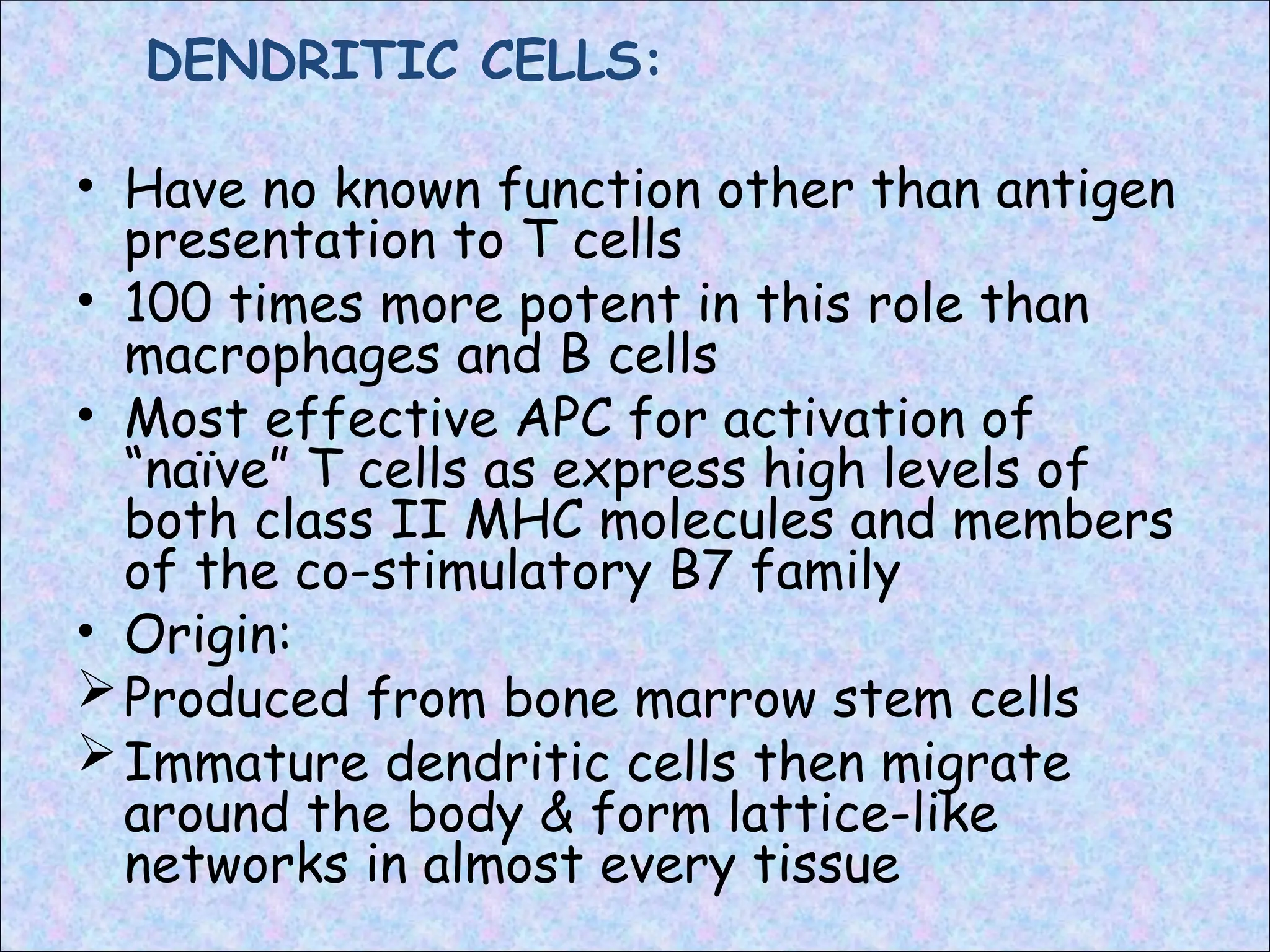 DENDRITIC CELLS:
• Have no known function other than antigen
presentation to T cells
• 100 times more potent in this role than
macrophages and B cells
• Most effective APC for activation of
“naïve” T cells as express high levels of
both class II MHC molecules and members
of the co-stimulatory B7 family
• Origin:
Produced from bone marrow stem cells
Immature dendritic cells then migrate
around the body & form lattice-like
networks in almost every tissue
 
