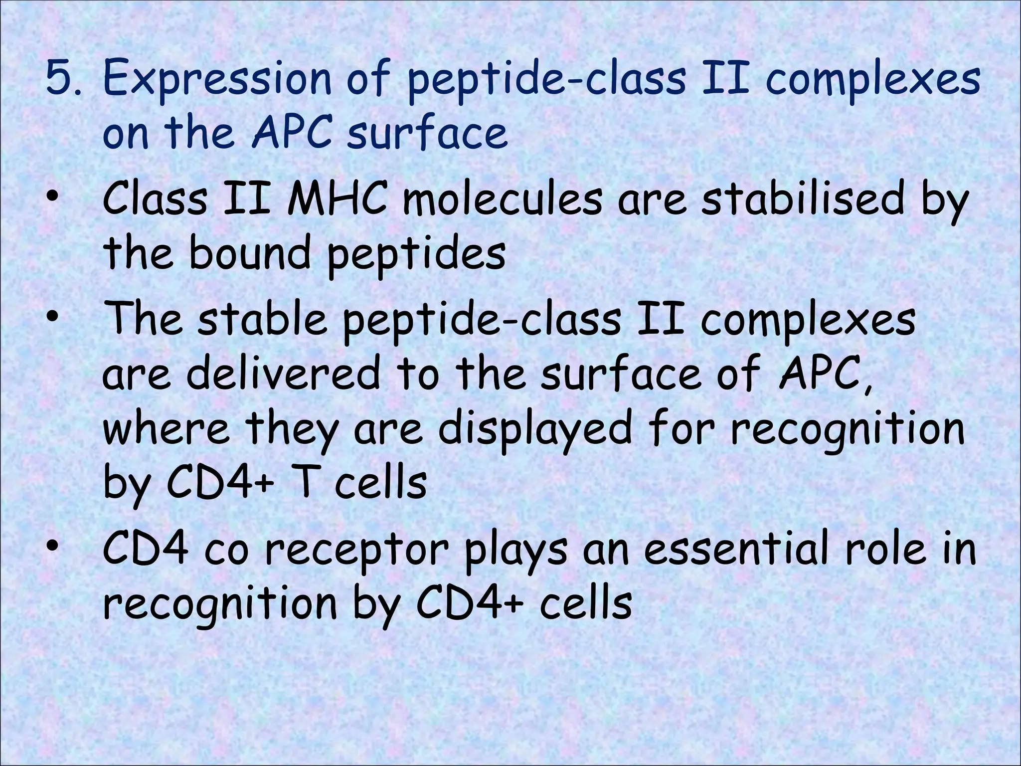 5. Expression of peptide-class II complexes
on the APC surface
• Class II MHC molecules are stabilised by
the bound peptides
• The stable peptide-class II complexes
are delivered to the surface of APC,
where they are displayed for recognition
by CD4+ T cells
• CD4 co receptor plays an essential role in
recognition by CD4+ cells
 