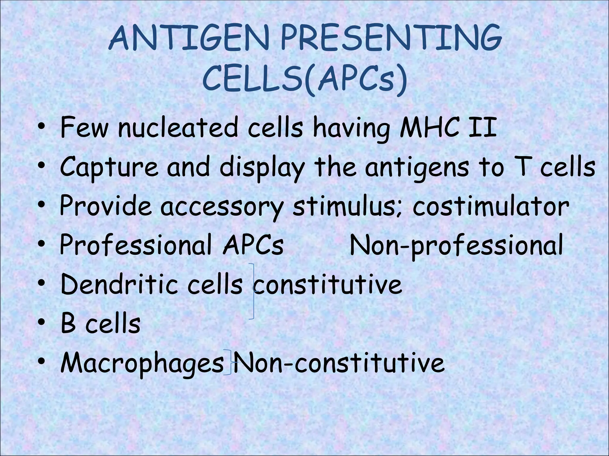 ANTIGEN PRESENTING
CELLS(APCs)
• Few nucleated cells having MHC II
• Capture and display the antigens to T cells
• Provide accessory stimulus; costimulator
• Professional APCs Non-professional
• Dendritic cells constitutive
• B cells
• Macrophages Non-constitutive
 
