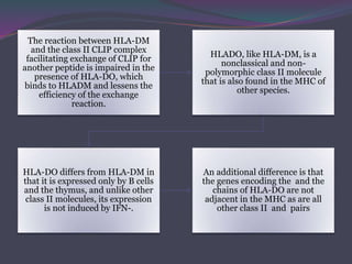 The reaction between HLA-DM
and the class II CLIP complex
facilitating exchange of CLIP for
another peptide is impaired in the
presence of HLA-DO, which
binds to HLADM and lessens the
efficiency of the exchange
reaction.
HLADO, like HLA-DM, is a
nonclassical and non-
polymorphic class II molecule
that is also found in the MHC of
other species.
HLA-DO differs from HLA-DM in
that it is expressed only by B cells
and the thymus, and unlike other
class II molecules, its expression
is not induced by IFN-.
An additional difference is that
the genes encoding the and the
chains of HLA-DO are not
adjacent in the MHC as are all
other class II and pairs
 