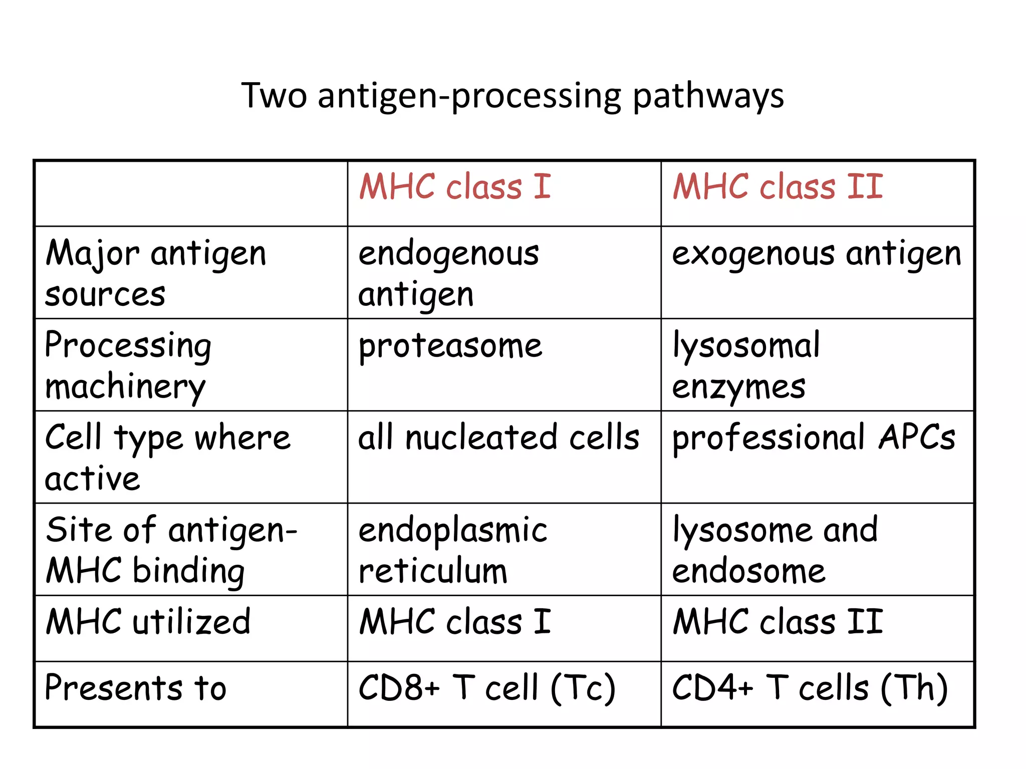 Two antigen-processing pathways
MHC class I MHC class II
Major antigen
sources
endogenous
antigen
exogenous antigen
Processing
machinery
proteasome lysosomal
enzymes
Cell type where
active
all nucleated cells professional APCs
Site of antigen-
MHC binding
endoplasmic
reticulum
lysosome and
endosome
MHC utilized MHC class I MHC class II
Presents to CD8+ T cell (Tc) CD4+ T cells (Th)
 