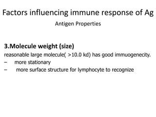 Factors influencing immune response of Ag
Antigen Properties
3.Molecule weight (size)
reasonable large molecule( >10.0 kd) has good immuogenecity.
– more stationary
– more surface structure for lymphocyte to recognize
 