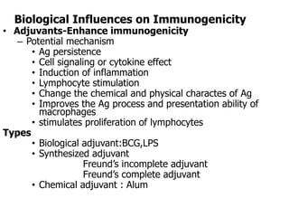 Biological Influences on Immunogenicity
• Adjuvants-Enhance immunogenicity
– Potential mechanism
• Ag persistence
• Cell signaling or cytokine effect
• Induction of inflammation
• Lymphocyte stimulation
• Change the chemical and physical charactes of Ag
• Improves the Ag process and presentation ability of
macrophages
• stimulates proliferation of lymphocytes
Types
• Biological adjuvant:BCG,LPS
• Synthesized adjuvant
Freund’s incomplete adjuvant
Freund’s complete adjuvant
• Chemical adjuvant : Alum
 