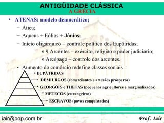 ANTIGÜIDADE CLÁSSICA
                              A GRÉCIA
  • ATENAS: modelo democrático;
     – Ática;
     – Aqueus + Eólios + Jônios;
     – Início oligárquico – controle político dos Eupátridas;
                 » 9 Arcontes – exército, religião e poder judiciário;
                 » Areópago – controle dos arcontes.
     - Aumento do comércio redefine classes sociais:
               EUPÁTRIDAS
                DEMIURGOS (comerciantes e artesãos prósperos)
                GEORGÓIS e THETAS (pequenos agricultores e marginalizados)
                   METECOS (estrangeiros)
                    ESCRAVOS (povos conquistados)



iair@pop.com.br                                                  Prof. Iair
 