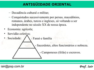 ANTIGÜIDADE ORIENTAL
– Decadência cultural e militar;
– Conquistados sucessivamente por persas, macedônios,
romanos, árabes, turcos e ingleses, só voltando a ser
independente no século XX de nossa época.
• Economia: agrícola;
• Servidão coletiva;
• Sociedade:
- Faraó e família
- Sacerdotes, altos funcionários e nobreza.
- Camponeses (felás) e escravos.

iair@pop.com.br

Prof. Iair

 