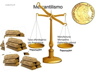Mercantilismo
Ler texto nº 3; p. 97
Manufacturas
Monopólios
Exploração colonial
Taxas alfandegárias
Leis Pragmáticas
 