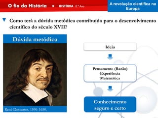 René Descartes. 1596-1650.
Dúvida metódica
Ideia
Pensamento (Razão)
Experiência
Matemática
Conhecimento
seguro e certo
▼ Como terá a dúvida metódica contribuído para o desenvolvimento
científico do século XVII?
A revolução científica na
Europa
 