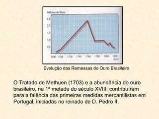 Evolução das Remessas do Ouro Brasileiro


O Tratado de Methuen (1703) e a abundância do ouro
brasileiro, na 1ª metade do século XVIII, contribuíram
para a falência das primeiras medidas mercantilistas em
Portugal, iniciadas no reinado de D. Pedro II.
 