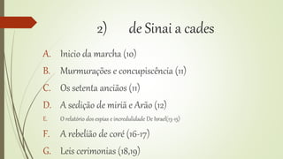 2) de Sinai a cades
A. Inicio da marcha (10)
B. Murmurações e concupiscência (11)
C. Os setenta anciãos (11)
D. A sedição de miriã e Arão (12)
E. O relatório dos espias e incredulidade De Israel(13-15)
F. A rebelião de coré (16-17)
G. Leis cerimonias (18,19)
 