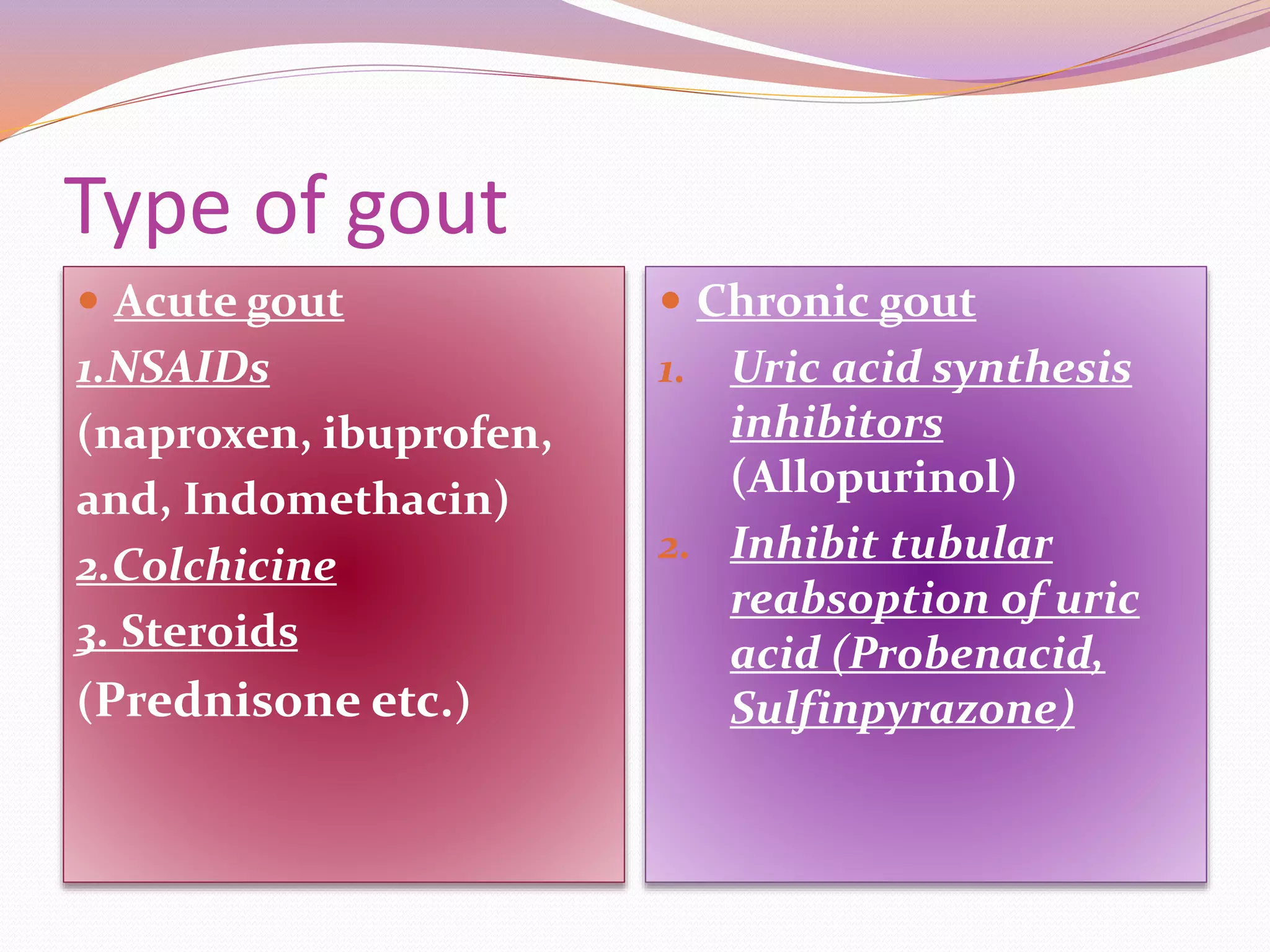 Type of gout
 Acute gout
1.NSAIDs
(naproxen, ibuprofen,
and, Indomethacin)
2.Colchicine
3. Steroids
(Prednisone etc.)
 Chronic gout
1. Uric acid synthesis
inhibitors
(Allopurinol)
2. Inhibit tubular
reabsoption of uric
acid (Probenacid,
Sulfinpyrazone)
 