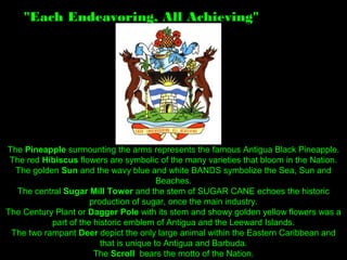 "Each Endeavoring, All Achieving"




The Pineapple surmounting the arms represents the famous Antigua Black Pineapple.
 The red Hibiscus flowers are symbolic of the many varieties that bloom in the Nation.
  The golden Sun and the wavy blue and white BANDS symbolize the Sea, Sun and
                                         Beaches.
   The central Sugar Mill Tower and the stem of SUGAR CANE echoes the historic
                      production of sugar, once the main industry.
The Century Plant or Dagger Pole with its stem and showy golden yellow flowers was a
           part of the historic emblem of Antigua and the Leeward Islands.
 The two rampant Deer depict the only large animal within the Eastern Caribbean and
                         that is unique to Antigua and Barbuda.
                       The Scroll bears the motto of the Nation.
 
