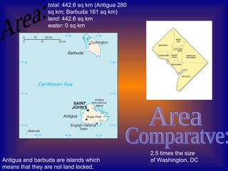 total: 442.6 sq km (Antigua 280
                 sq km; Barbuda 161 sq km)
                 land: 442.6 sq km
                 water: 0 sq km




                                                   2.5 times the size
Antigua and barbuda are islands which              of Washington, DC
means that they are not land locked.
 